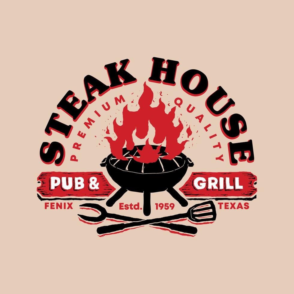 barbecue steak house pub grill retrò vintage disegnato a mano distintivo emblema logo modello vettore