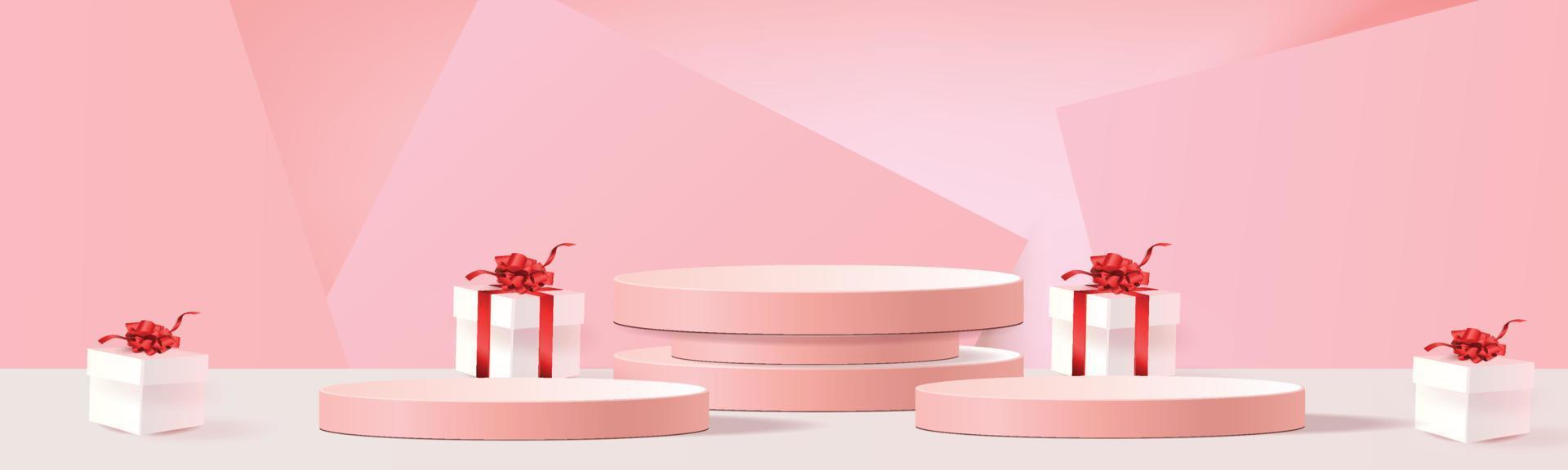 3d geometrico podio mockup foglia tropicale concetto netural per vetrina rosa sfondo blu astratto scena minima presentazione del prodotto vettore