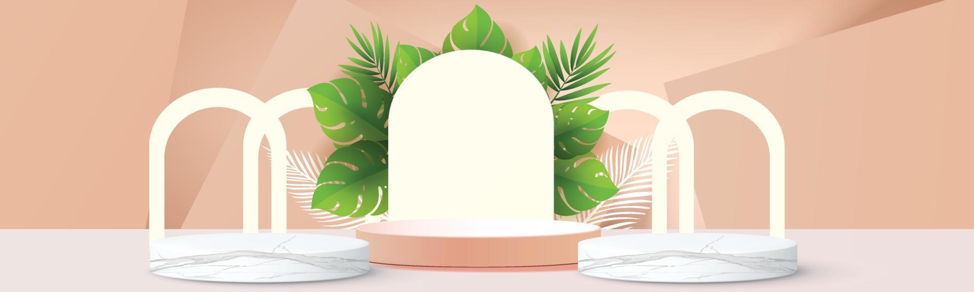 3d geometrico podio mockup foglia tropicale concetto netural per vetrina sfondo verde astratto scena minima presentazione del prodotto illustrazione vettoriale