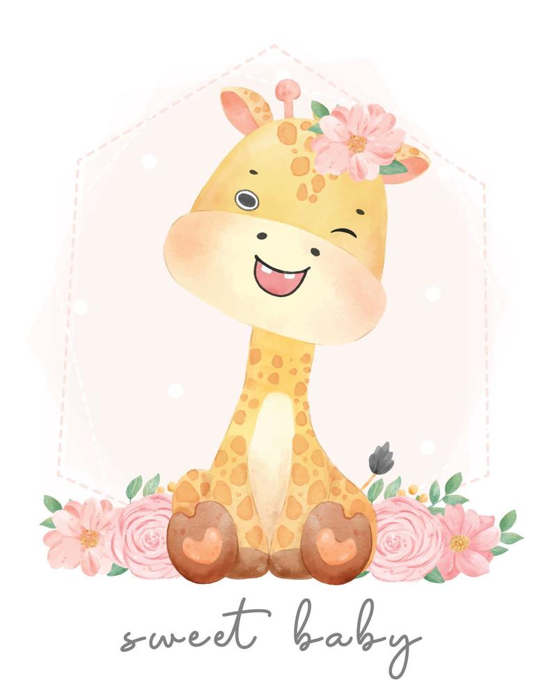 carino acquerello dolce floreale baby giraffa fauna safari animale dipinto a mano illustrazione vettore