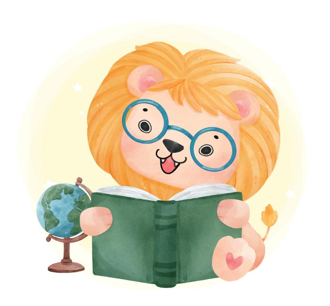 carino acquerello felice nerd kid leone libro di lettura con il globo, torna a scuola cartone animato animale acquerello vettore