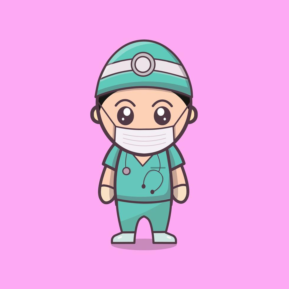 simpatico personaggio chirurgo. assistenza sanitaria, iniezione e specialista medico, concetto di mascotte medico. illustrazione vettoriale nel design del personaggio. design cartoon per stampa t-shirt, icona, logo, etichetta o adesivo.