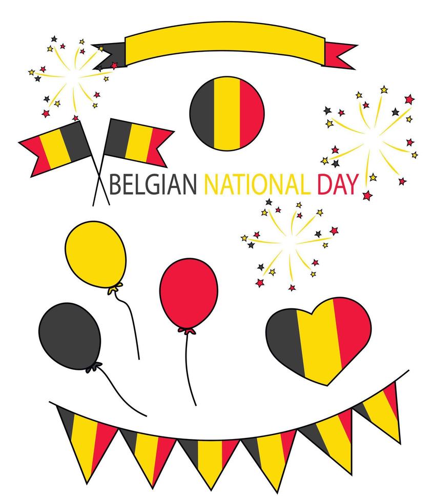 illustrazione di riserva di vettore del giorno dell'indipendenza del Belgio. 21 luglio. elementi per il design. bandiere, ghirlande, fuochi d'artificio, fuochi d'artificio, palloncini. Isolato su uno sfondo bianco.