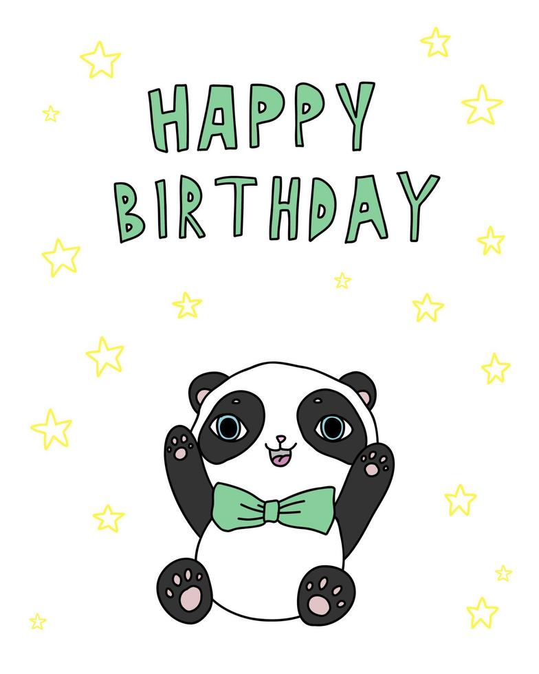 simpatico cartone animato animale divertente. testo di buon compleanno panda. illustrazione di doodle con le stelle per il bambino. vettore