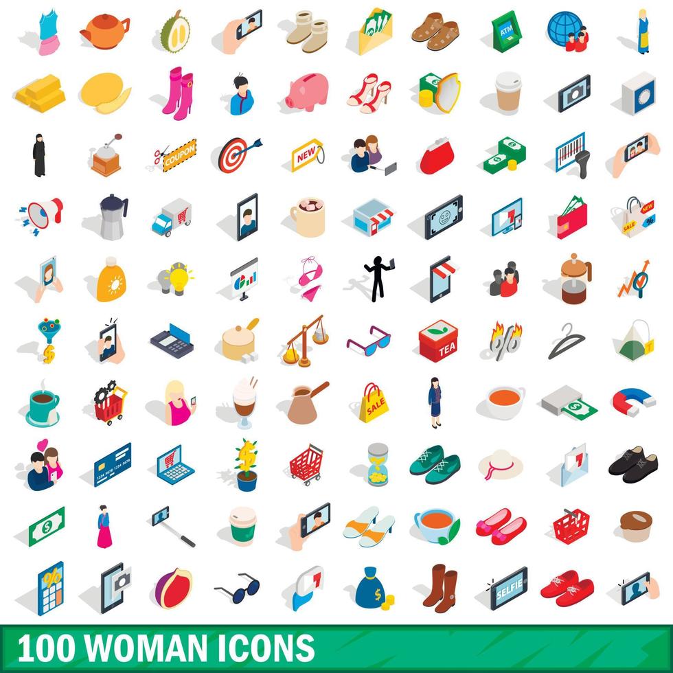 100 icone donna impostate, stile 3d isometrico vettore