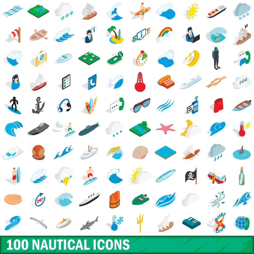 100 icone nautiche impostate, stile 3d isometrico vettore