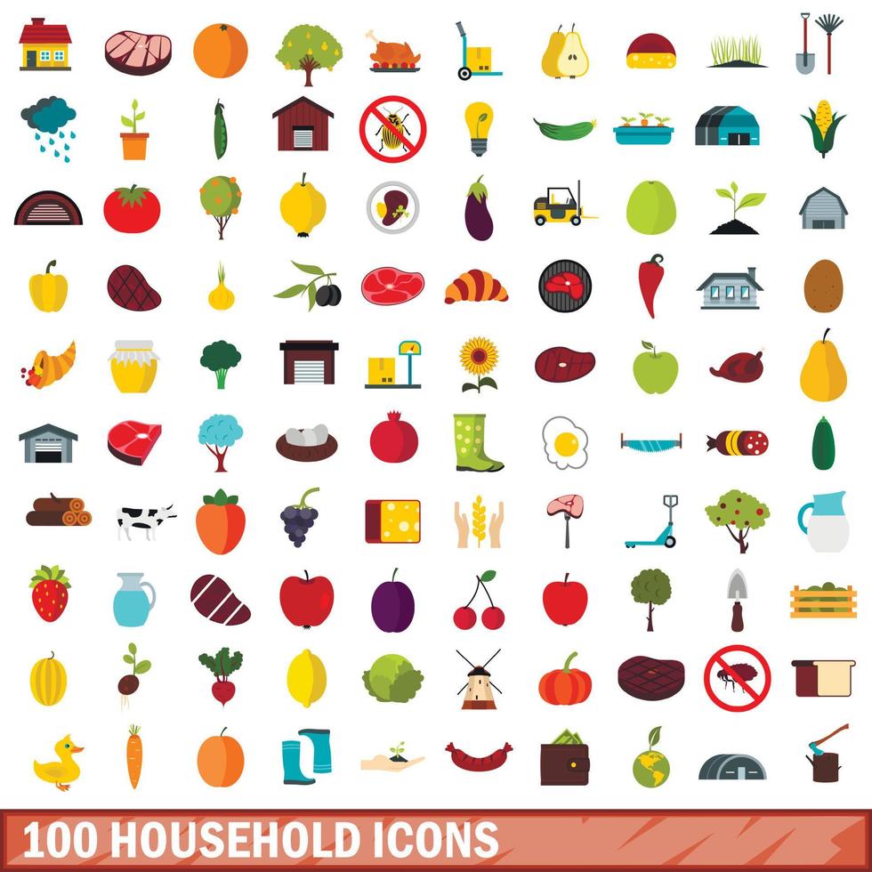 100 icone domestiche impostate, stile piatto vettore