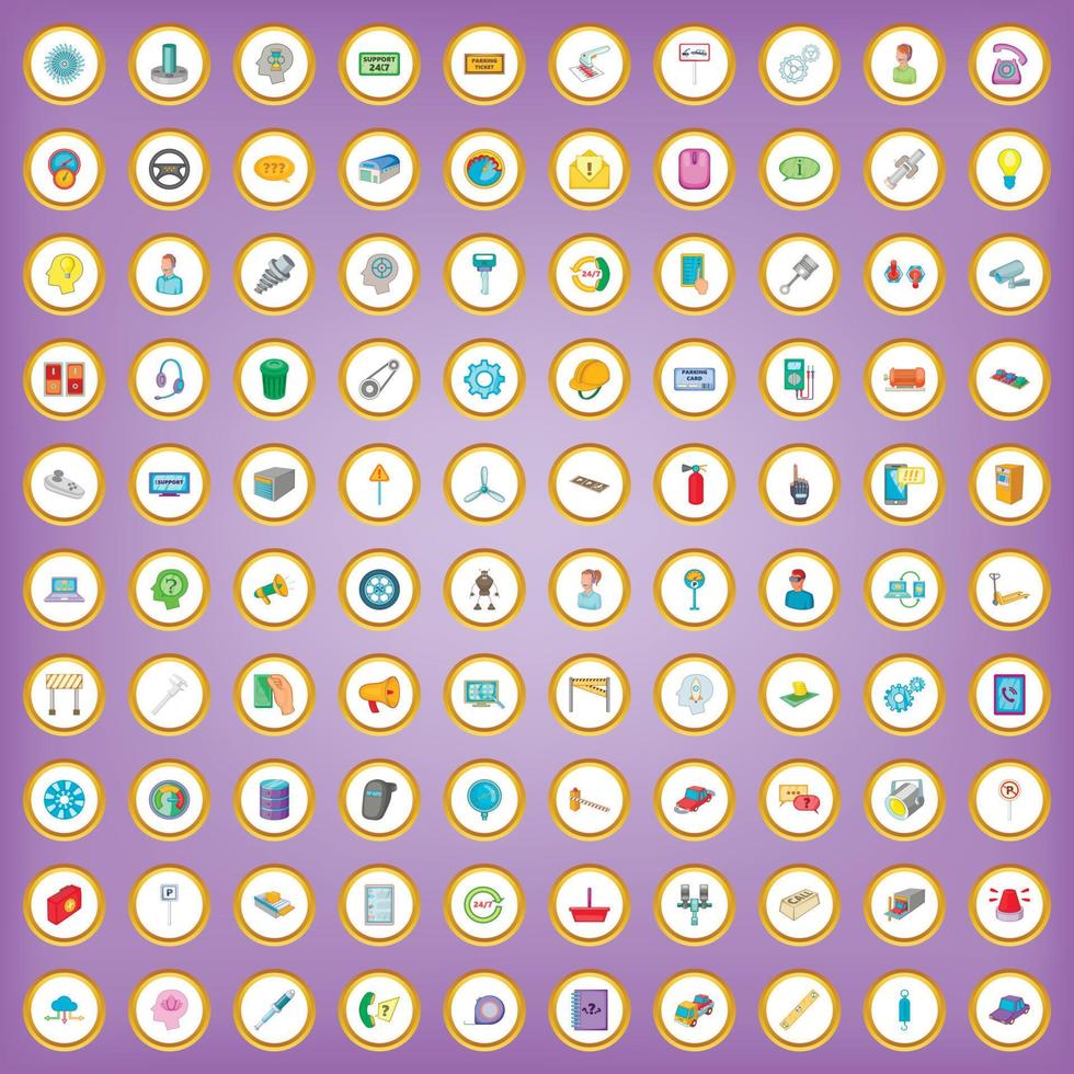 100 icone di supporto tecnico impostate in stile cartone animato vettore