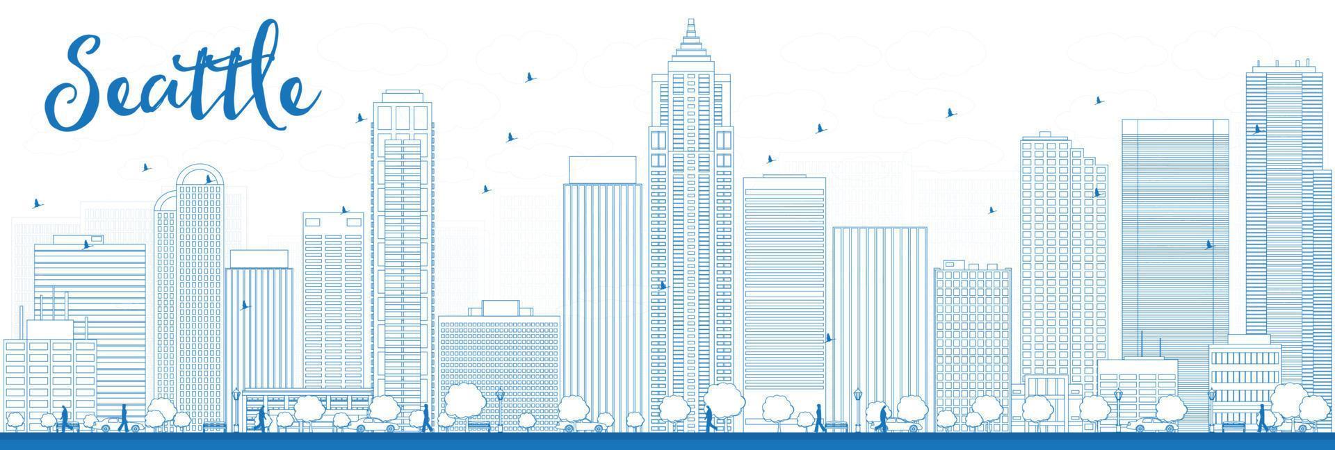 delineare lo skyline della città di Seattle con edifici blu vettore