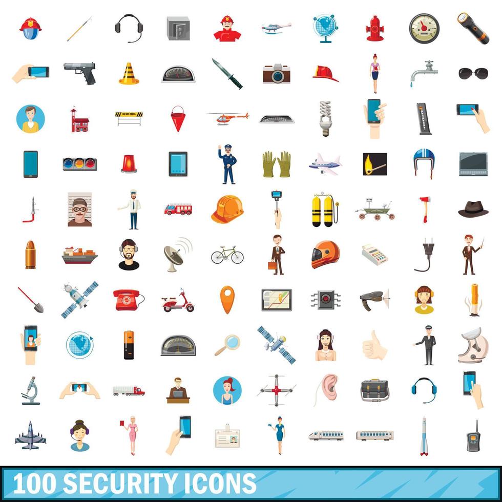 100 icone di sicurezza impostate, stile cartone animato vettore