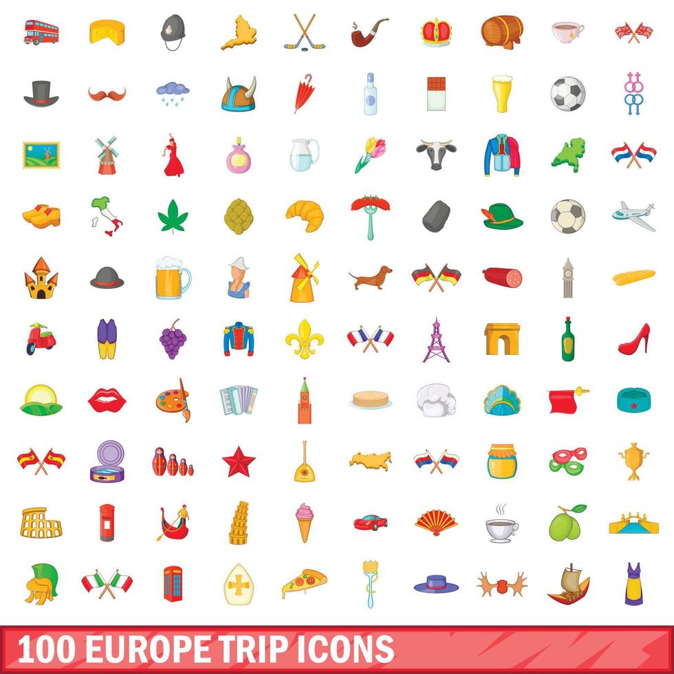 100 set di icone di viaggio in europa, stile cartone animato vettore