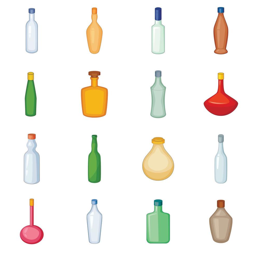 set di icone di diverse bottiglie, stile cartone animato vettore