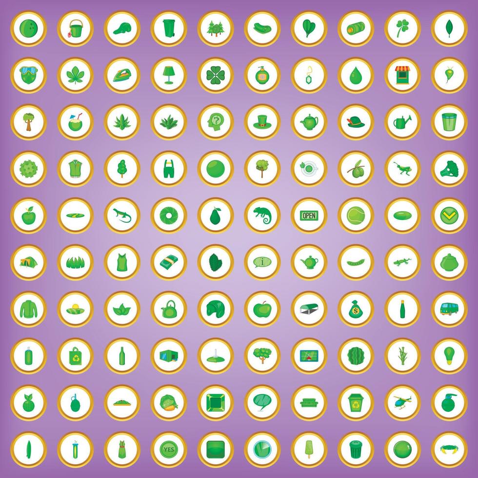 100 icone verdi impostate in stile cartone animato vettore
