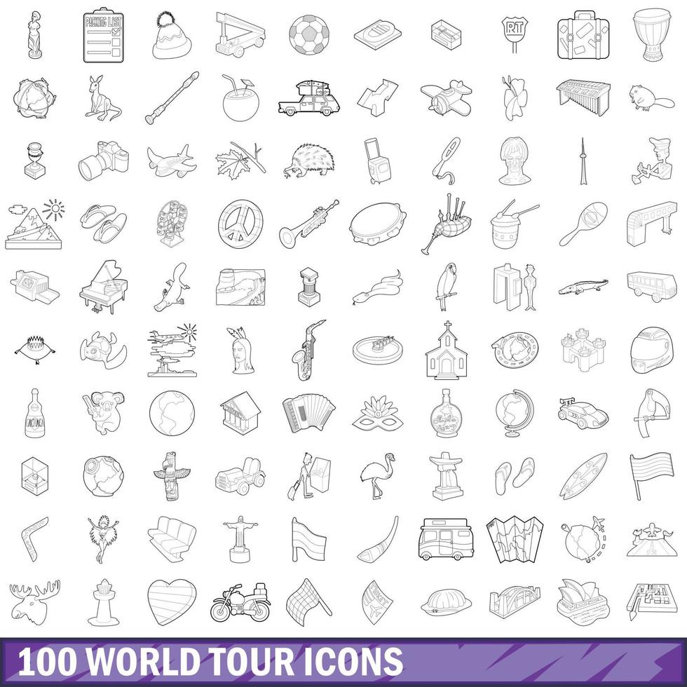 100 icone del tour mondiale impostate, stile contorno vettore