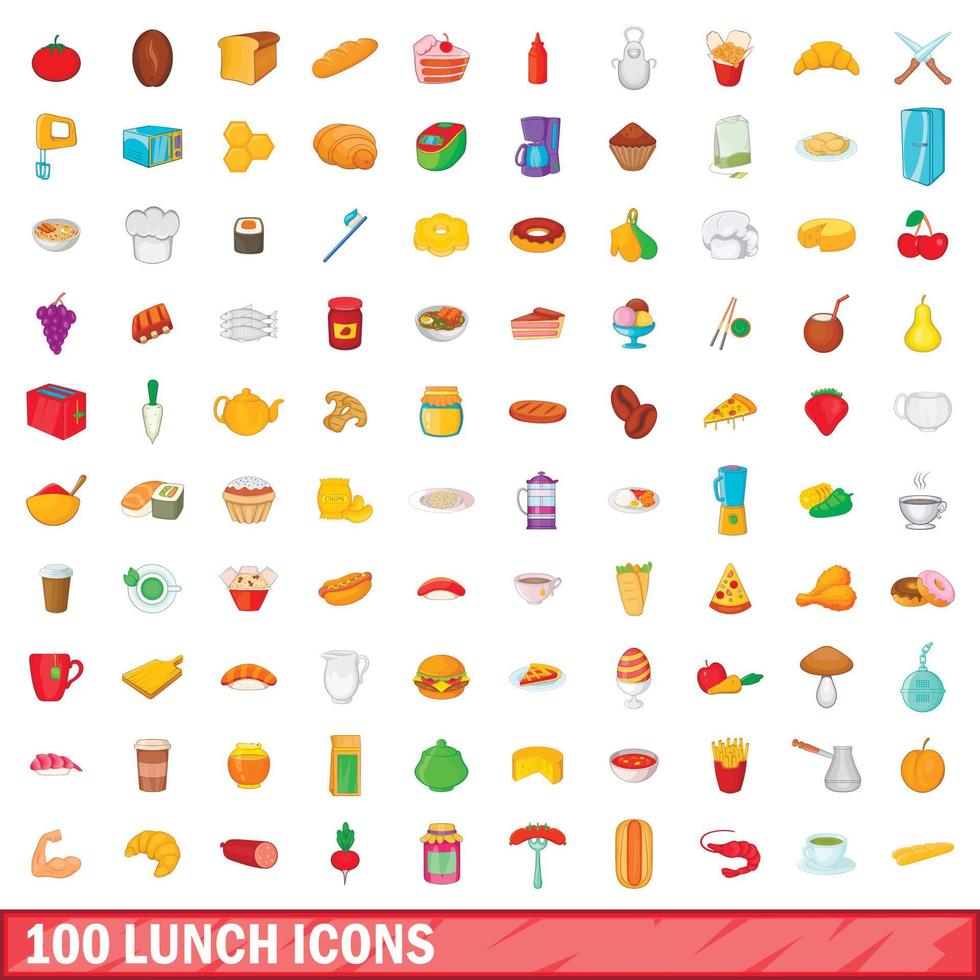 100 set di icone per il pranzo, stile cartone animato vettore