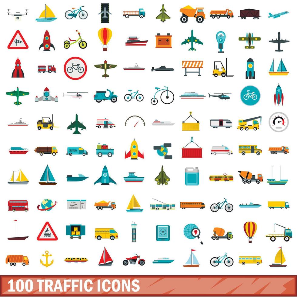100 icone del traffico impostate, stile piatto vettore