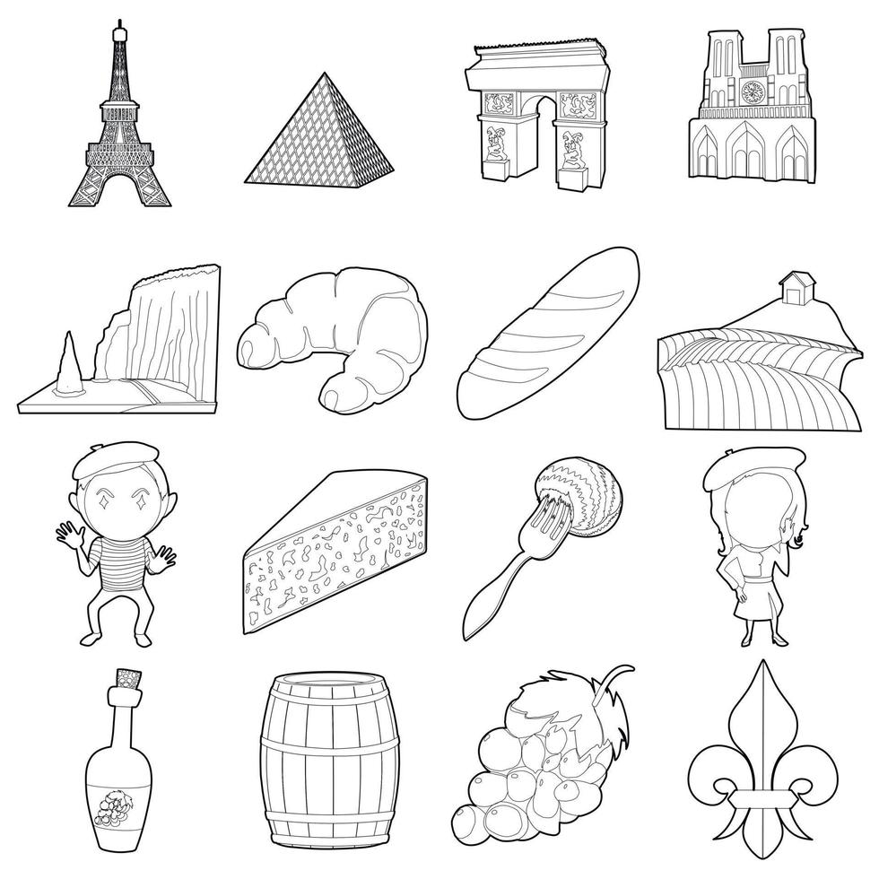set di icone di viaggio in francia, stile contorno vettore