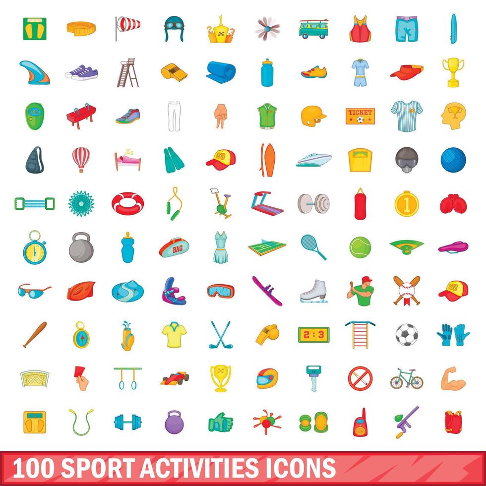 100 icone di attività sportive impostate, stile cartone animato vettore