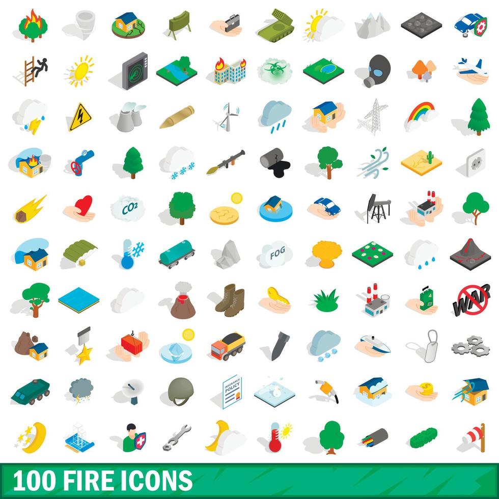 100 icone di fuoco impostate, stile 3d isometrico vettore