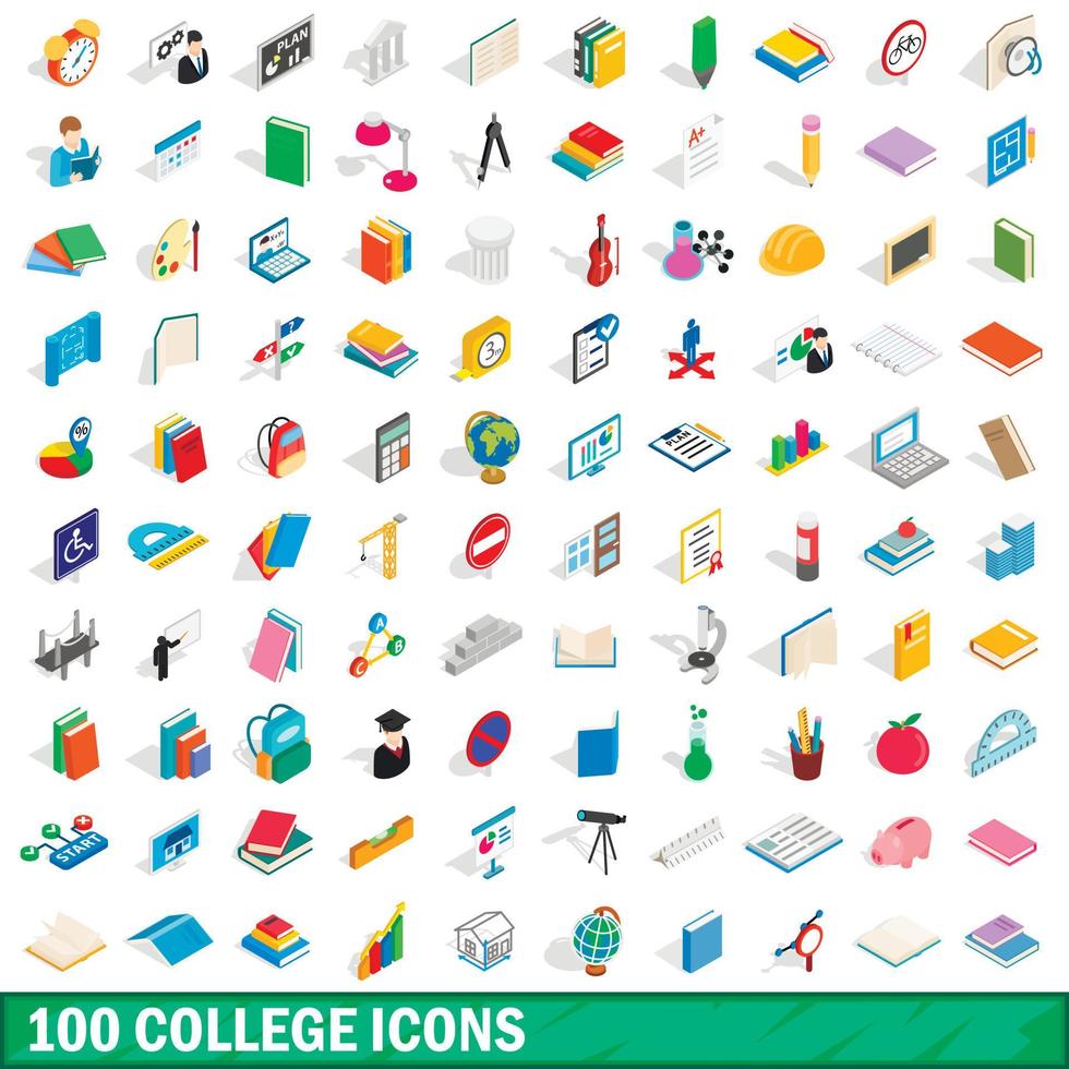 100 icone del college impostate, stile 3d isometrico vettore