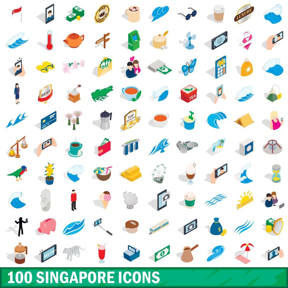 100 set di icone di singapore, stile 3d isometrico vettore