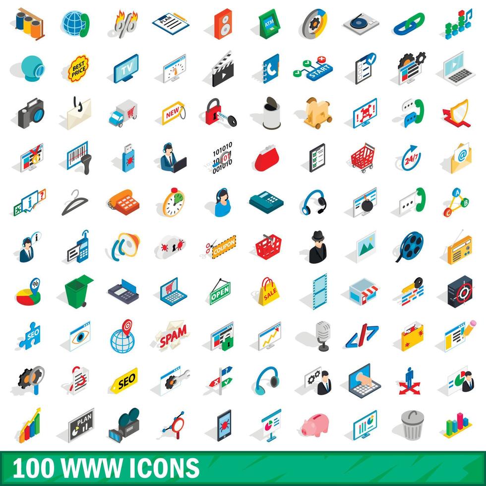 100 icone www impostate, stile 3d isometrico vettore
