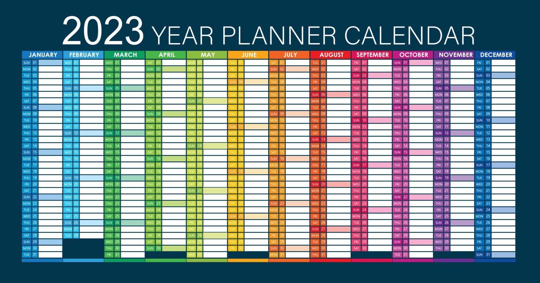 Agenda 2023 anni - calendario pianificatore da parete colorato - completamente modificabile - vettore scuro