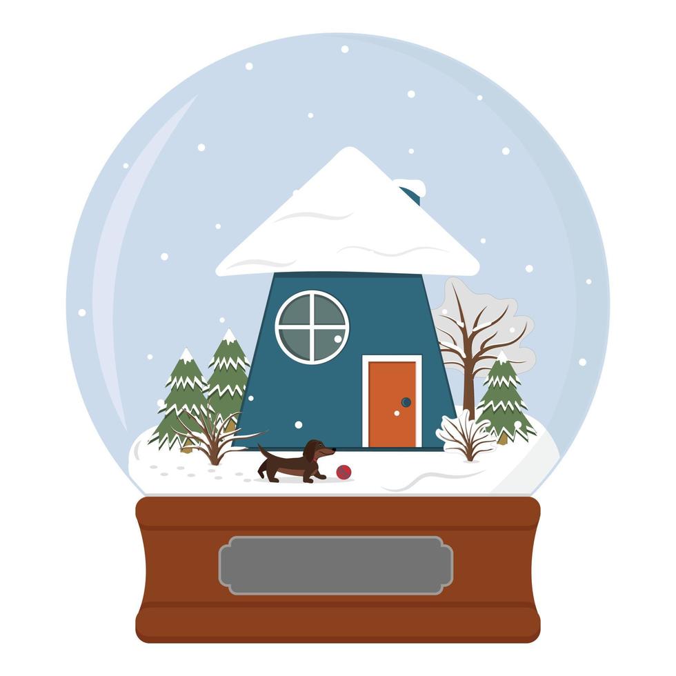 globo di neve con paesaggio invernale, illustrazione in stile cartone animato vettoriale isolato a colori