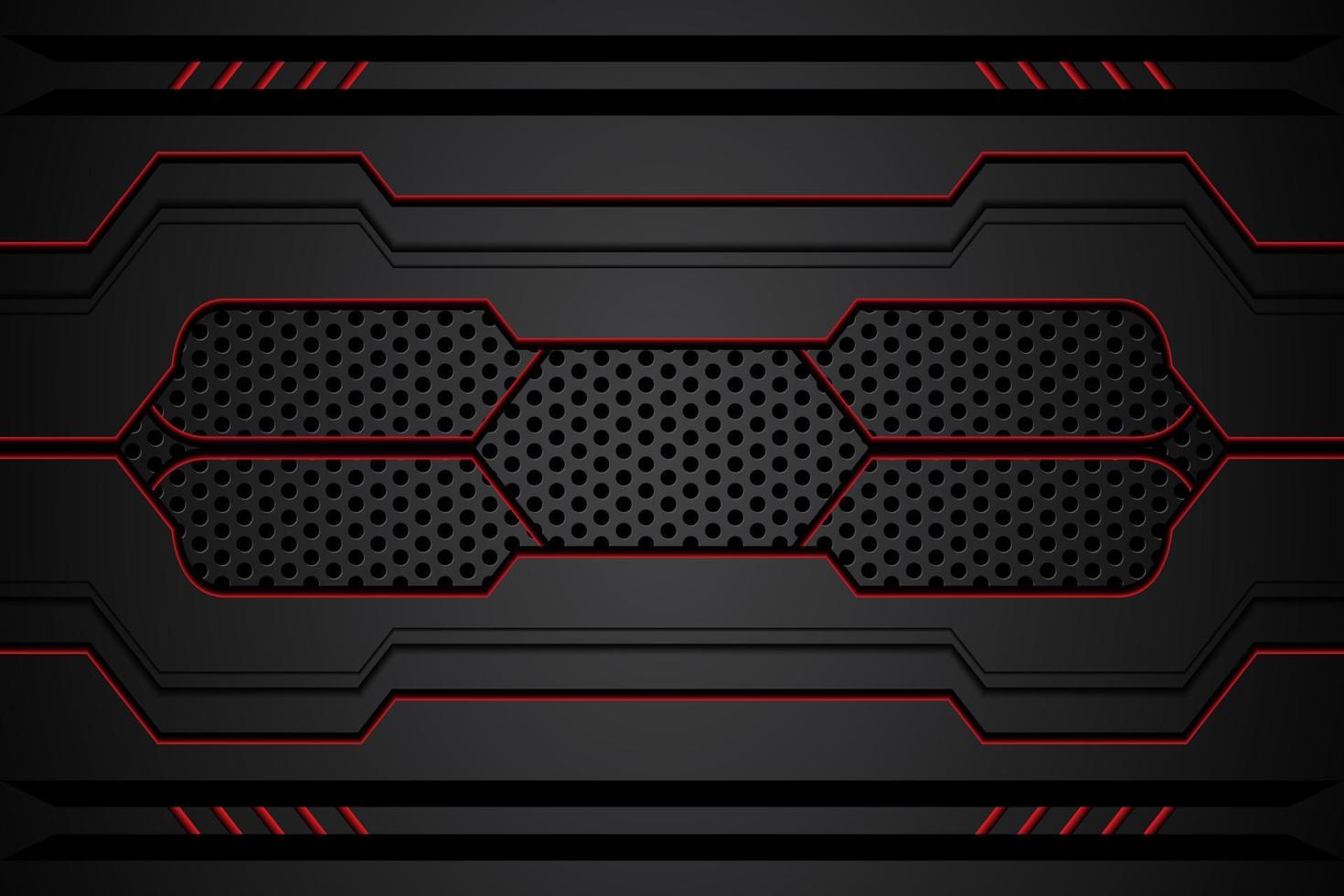 piastra metallica nera e strisce rosse a contrasto su rete d'acciaio. modello di sfondo di progettazione di tecnologia moderna. illustrazione vettoriale
