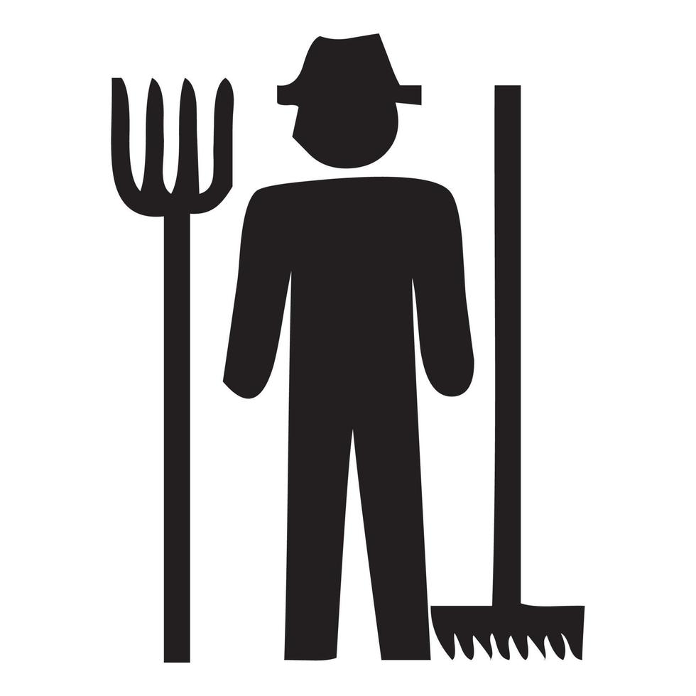 icona dell'uomo agricoltore con la zappa accanto a lui su priorità bassa bianca. illustrazione vettoriale. vettore