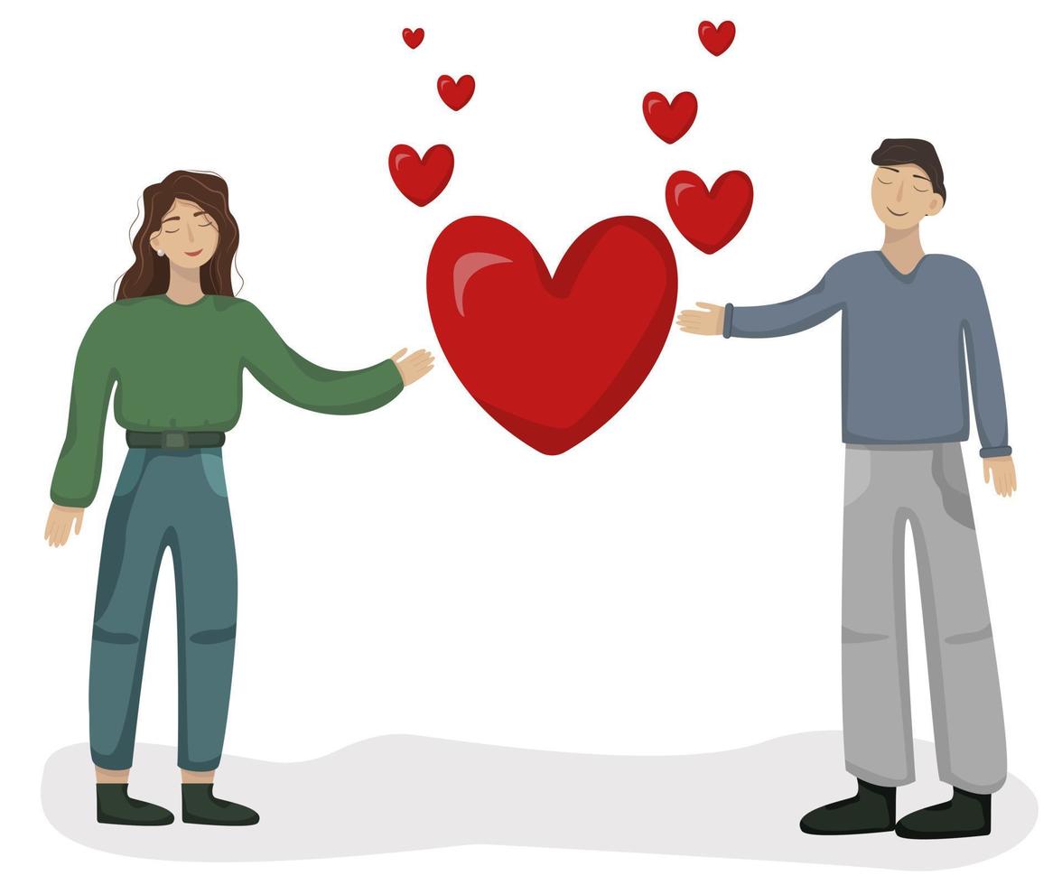 illustrazione di una coppia innamorata. idea della carta di san valentino. ragazza e ragazzo che tengono un cuore. vettore