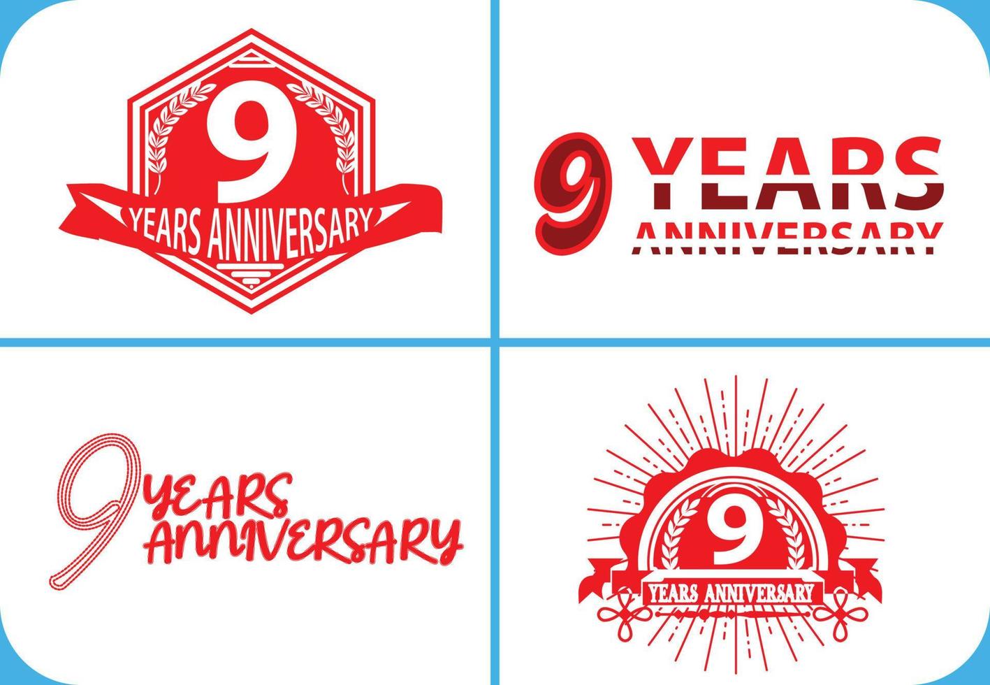 Logo dell'anniversario di 9 anni, adesivo, icona e modello di design della maglietta vettore