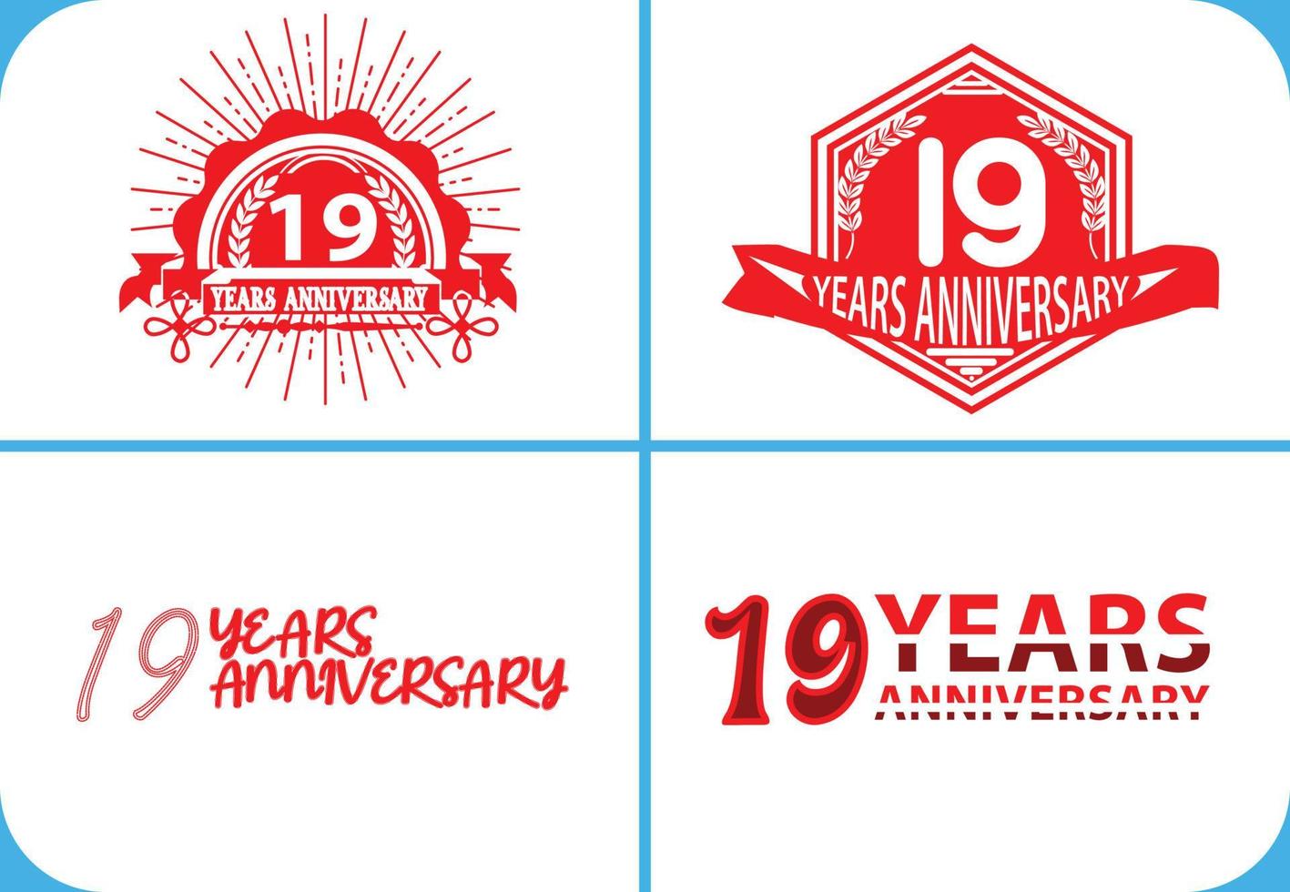 Logo dell'anniversario di 19 anni, adesivo, icona e modello di design della maglietta vettore