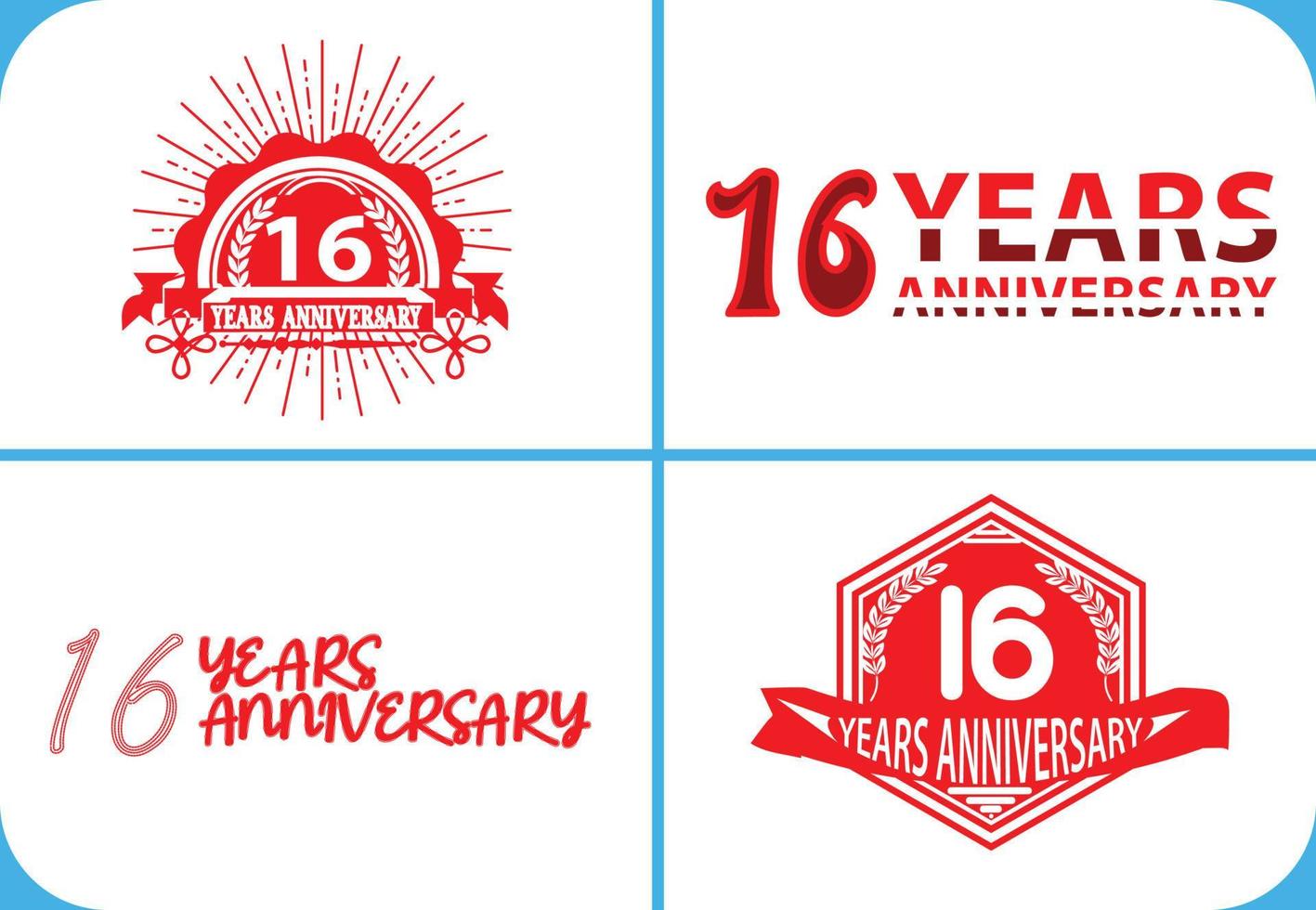 Logo dell'anniversario di 16 anni, adesivo, icona e modello di design della maglietta vettore
