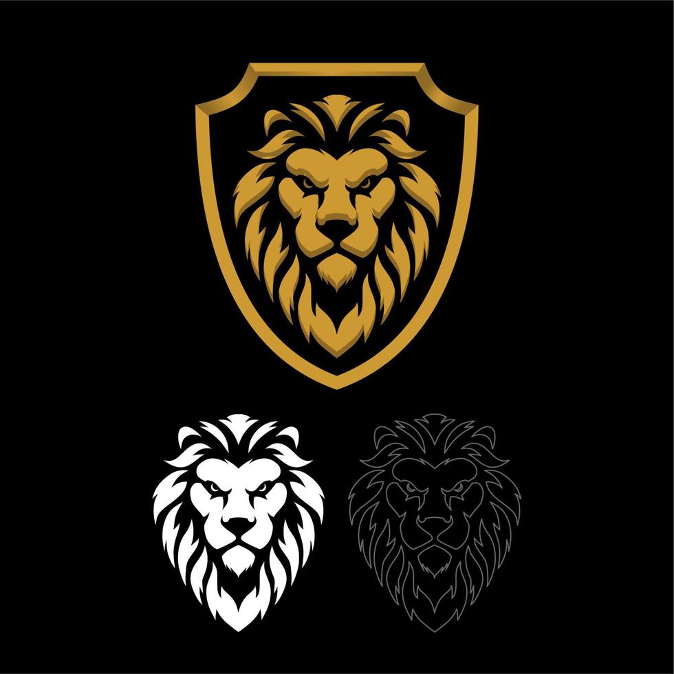 testa di leone d'oro e logo scudo. illustrazione vettoriale