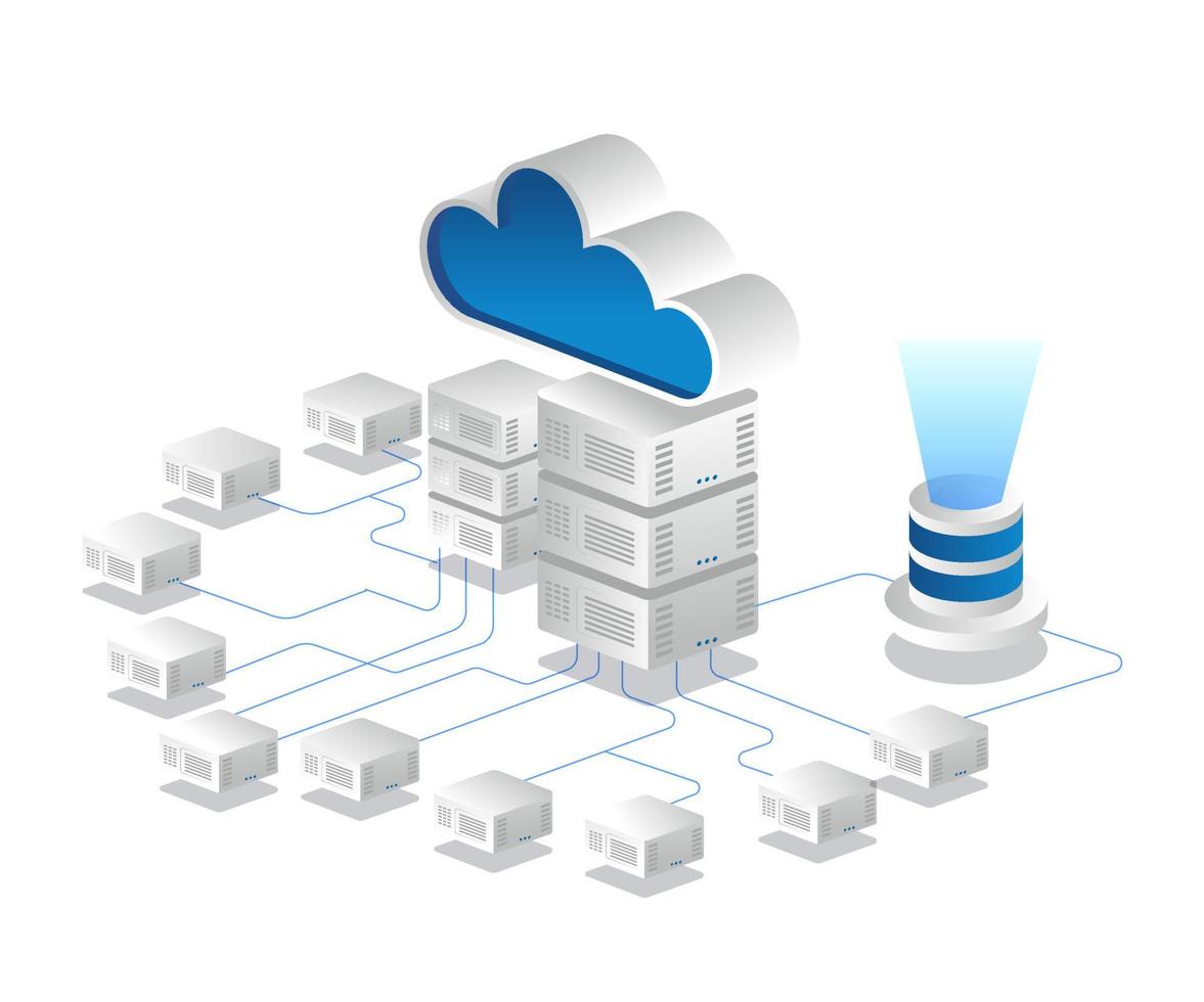 illustrazione isometrica concetto rete di server cloud vettore