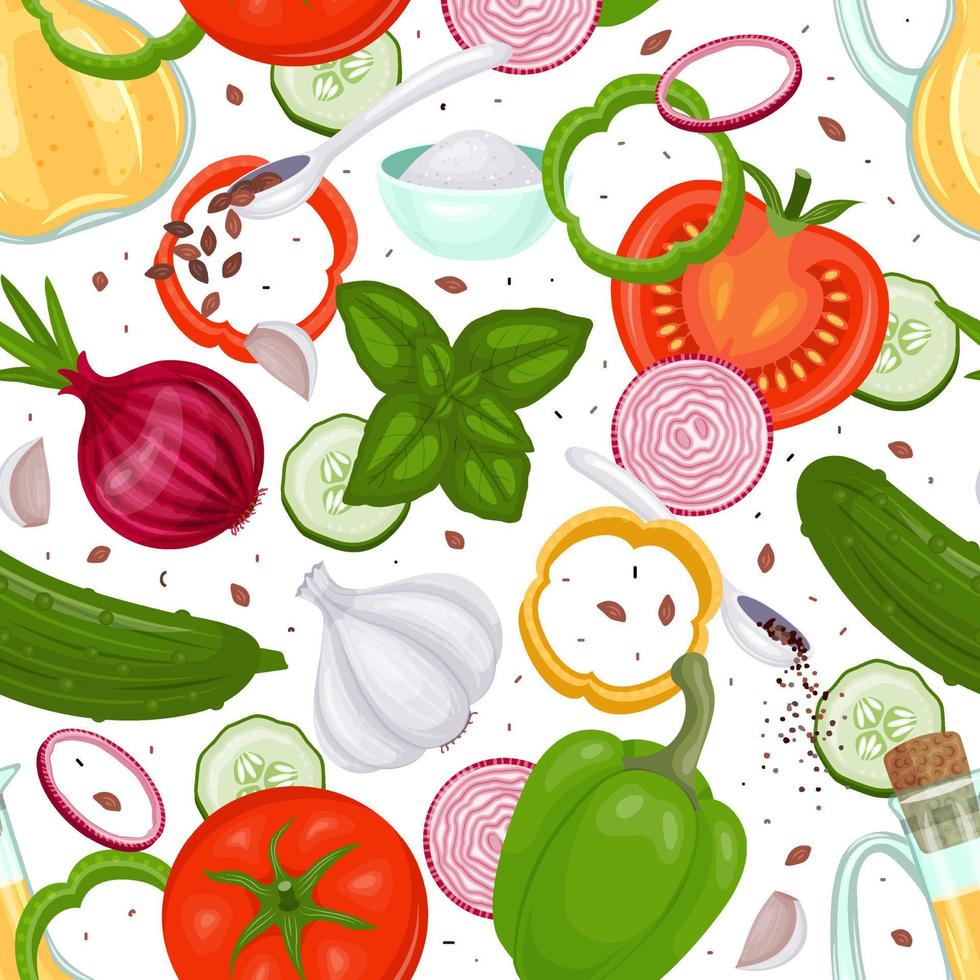 modello senza cuciture con verdure fresche. ingredienti per la zuppa pomodoro, basilico, aglio, pepe. illustrazione vettoriale colorata. stile cartone animato.