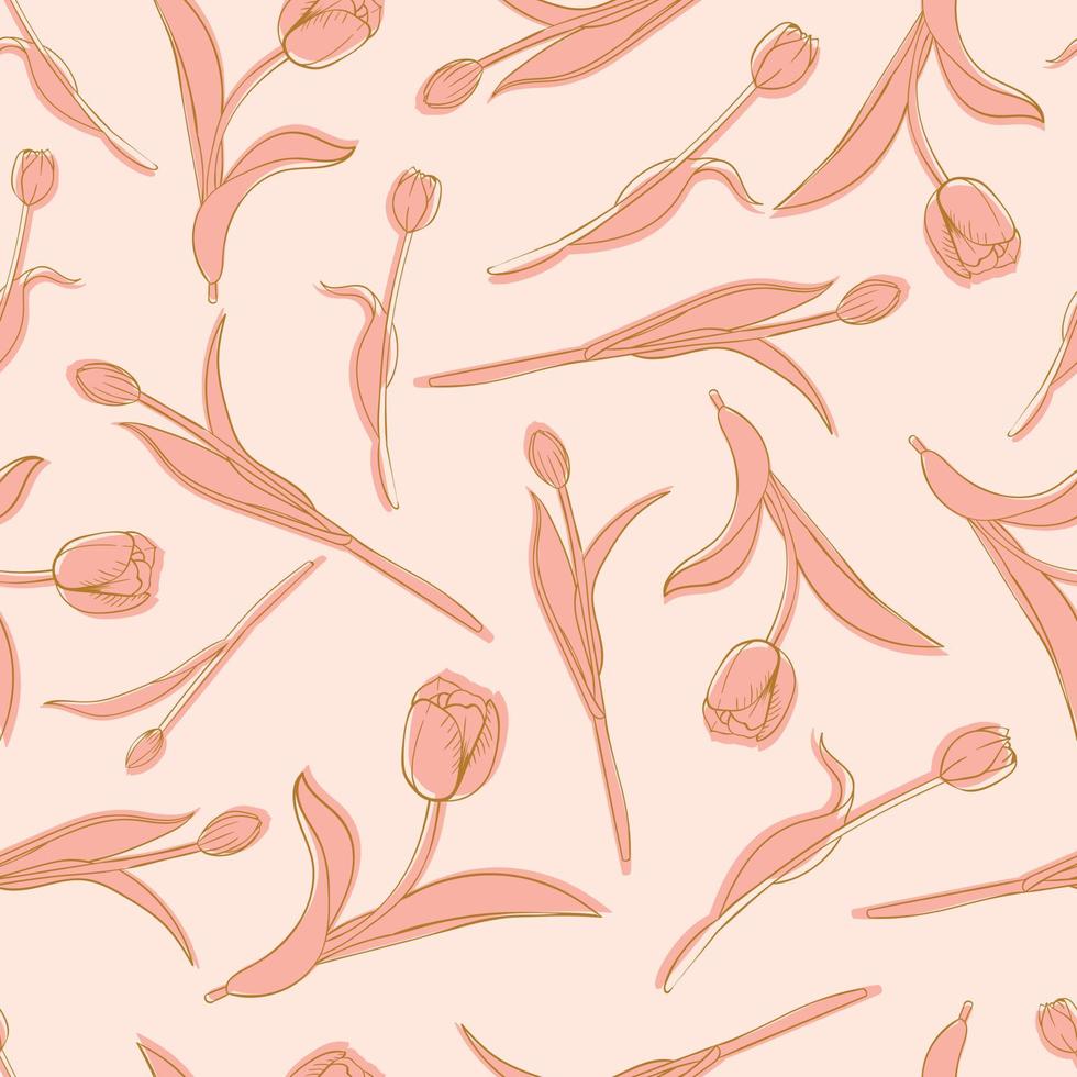 bel tulipano fiori e foglie modello design. buono per stampe, confezioni, tessuti e tessuti. sfondo disegnato a mano. piastrella botanica. disegno del modello di superficie. vettore