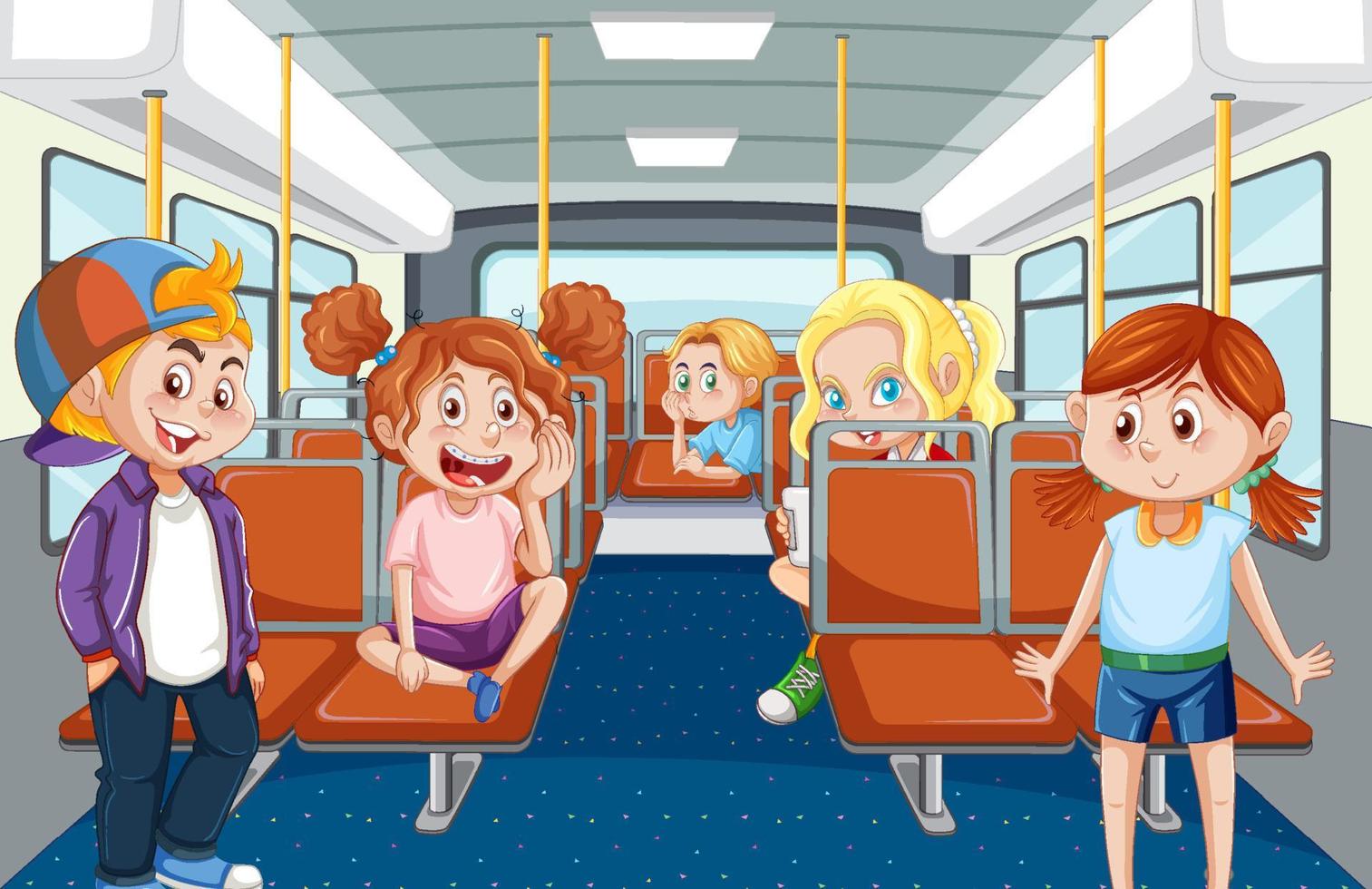all'interno dell'autobus con cartoni animati di persone vettore