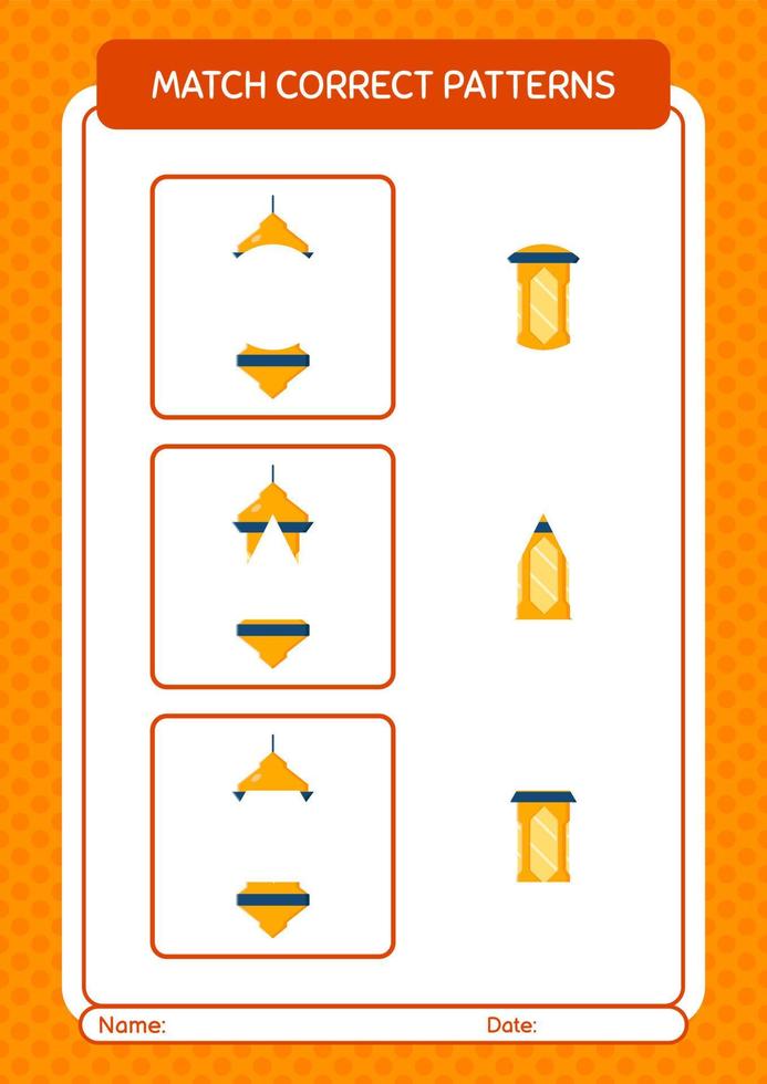match pattern game con lanterna araba. foglio di lavoro per bambini in età prescolare, foglio attività per bambini vettore