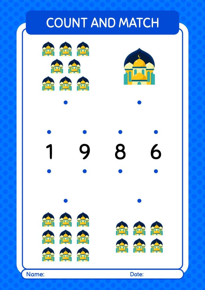 conta e abbina il gioco con la moschea. foglio di lavoro per bambini in età prescolare, foglio attività per bambini vettore