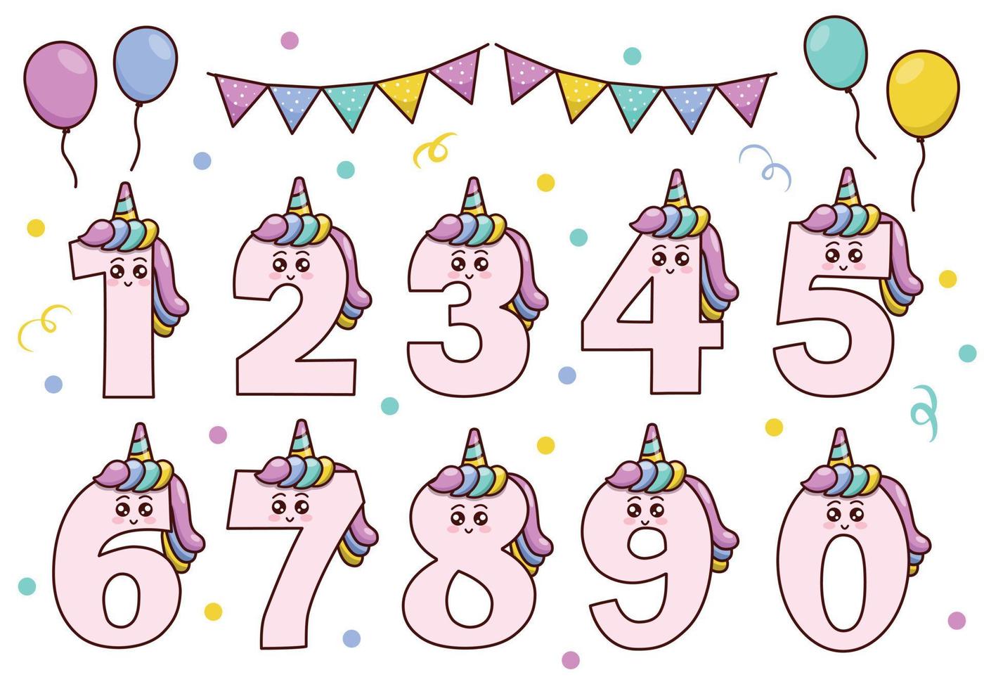 simpatica collezione di unicorni con numerazione per feste di compleanno, educazione dei bambini, ornamento. carattere divertente vettore