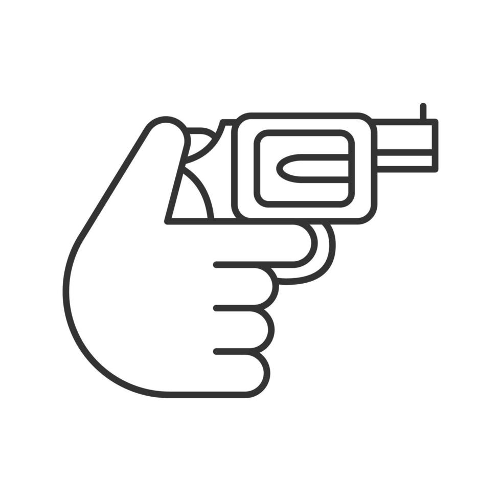 mano che tiene icona lineare del revolver. tiro. roulette russa. illustrazione al tratto sottile. pistola, pistola. simbolo di contorno. disegno di contorno isolato vettoriale