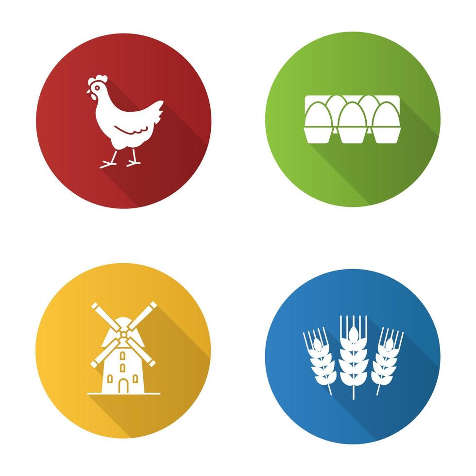 agricoltura design piatto lunga ombra glifo icone impostate. agricoltura. pollo, vassoio per uova, mulino a vento, spighe di grano. illustrazione della siluetta di vettore