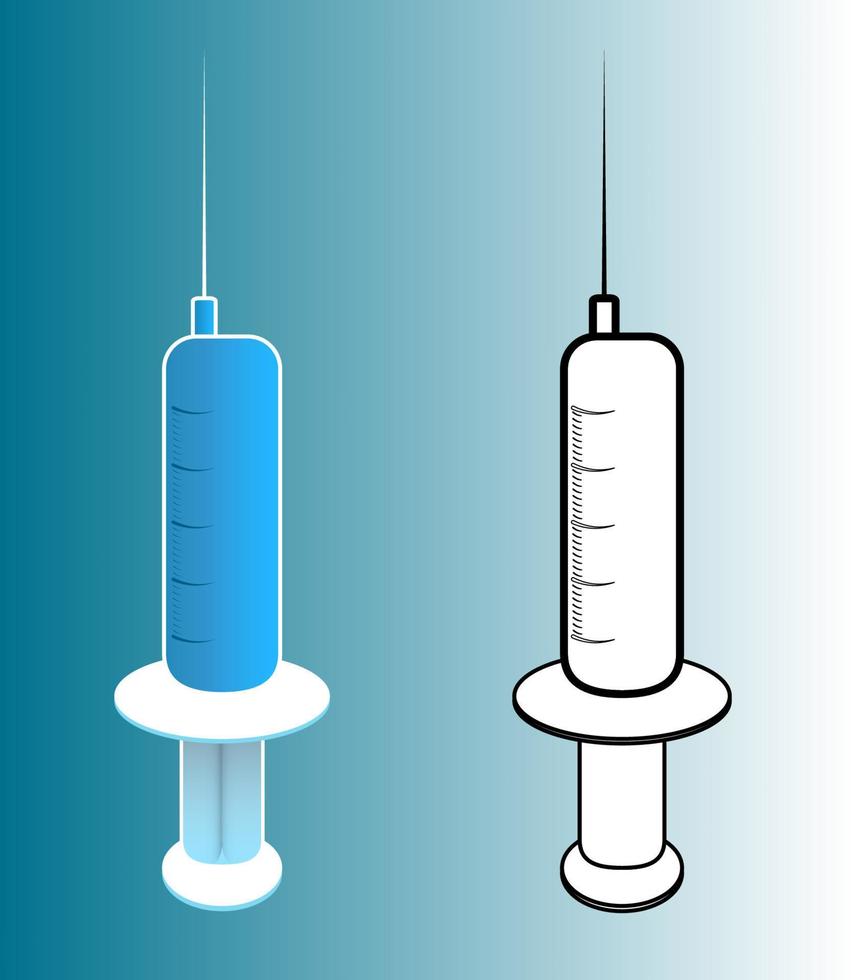 siringa medica con medicina blu all'interno e in bianco e nero. vettore isolato su sfondo bianco