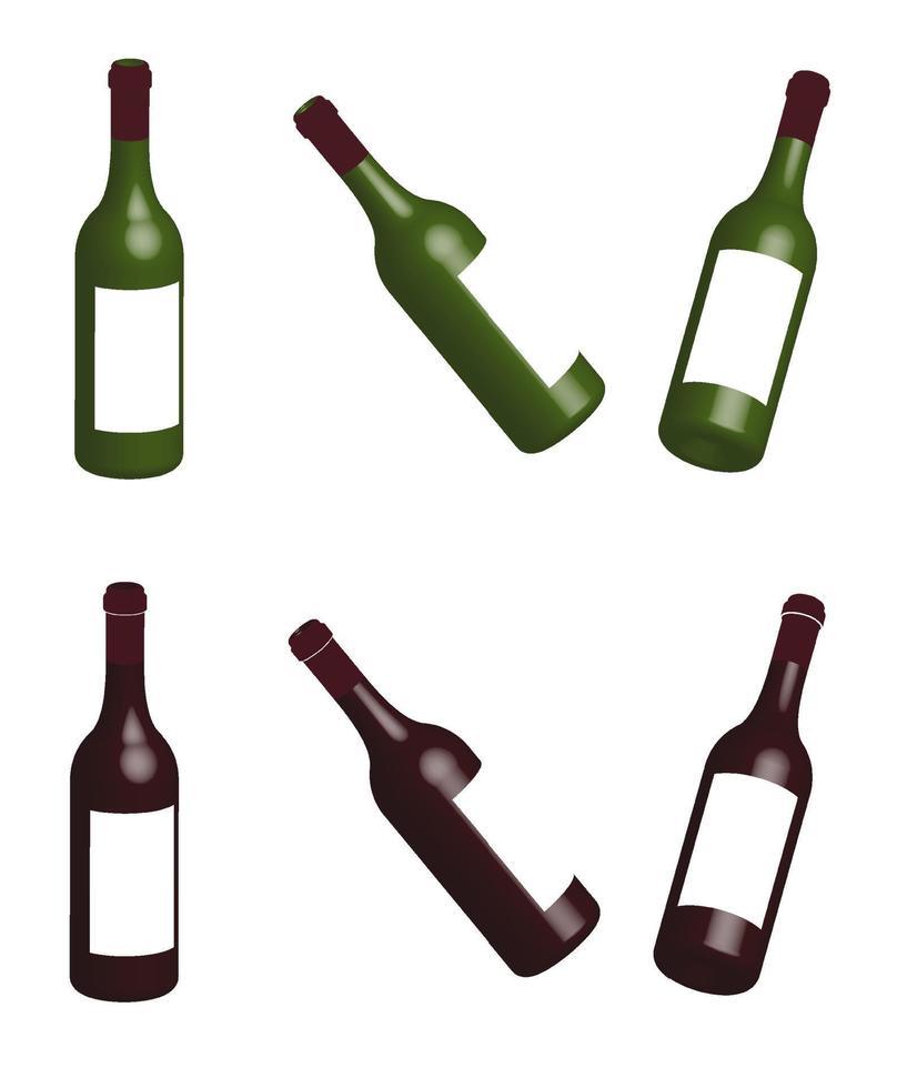 bottiglie di vino traslucide in vetro, illustrazione 3d multicolore su sfondo trasparente, isolate vettore