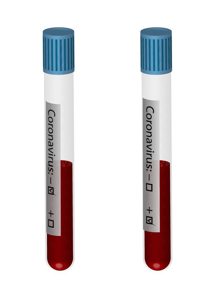provette realistiche con campioni di sangue per analisi di coronavirus. risultato positivo e negativo. vettore isolato su sfondo bianco