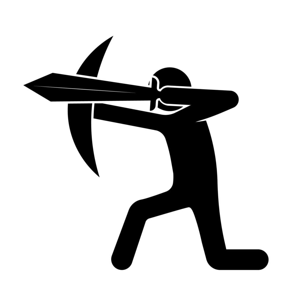 bastone uomo con una spada e uno scudo rotondo si trova in una posa protettiva. ha preso la difesa. vettore isolato su sfondo bianco