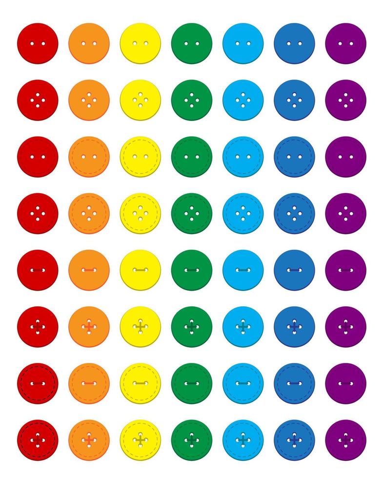 set di bottoni rotondi multicolori di vestiti nei colori dell'arcobaleno. vettore su sfondo bianco