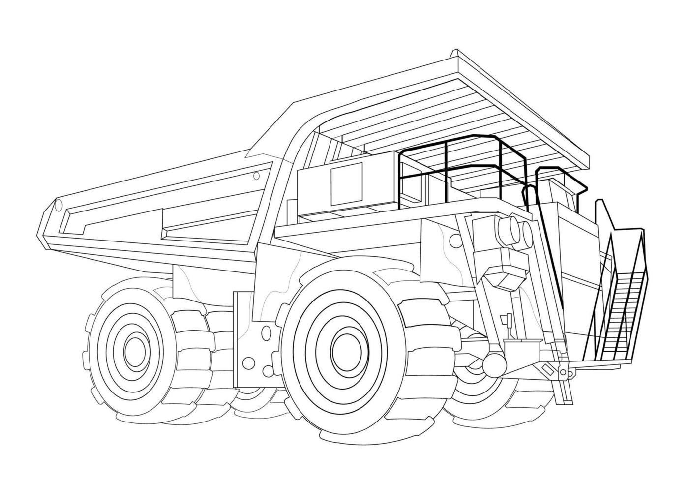 disegno lineare per bambini da colorare. camion da miniera con cassone ribaltabile per macchine edili pesanti. macchinari e attrezzature industriali. vettore isolato su sfondo bianco